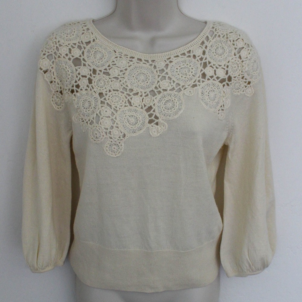 Knitted & Knotted Sweater Small Ivory‎ Crochet Lace Wool Pullover Anthropologie
